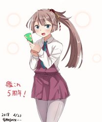 Rule 34 | 1girl, anniversary, bad id, bad twitter id, brown hair, commentary request, dated, green necktie, grey eyes, grey pantyhose, hair ribbon, halterneck, highres, kantai collection, kazagumo (kancolle), long hair, looking at viewer, meguru (megurunn), necktie, one-hour drawing challenge, open mouth, pantyhose, party popper, ponytail, ribbon, simple background, solo, twitter username, white background