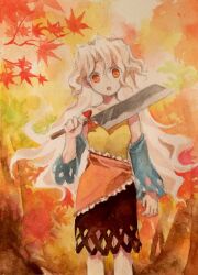 Rule 34 | 1girl, autumn, autumn leaves, blue sleeves, bow, breasts, cleaver, commentary request, cowboy shot, detached sleeves, dress, hashitsuki nata, head tilt, highres, holding cleaver, kaigen 1025, long hair, looking at viewer, nata (tool), open mouth, orange eyes, painting (medium), red bow, sakata nemuno, single-shoulder dress, small breasts, touhou, traditional media, watercolor (medium), wavy hair, white hair