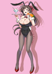 Rule 34 | 1girl, animal ears, black leotard, black pantyhose, blush, bow, bowtie, breasts, brown hair, carrot, collared shirt, cup, dated, dessert, detached collar, fake animal ears, fishnet pantyhose, fishnets, food, full body, hair bow, hair ornament, hair ribbon, hairclip, high heels, holding, ice cream, kantai collection, large breasts, leotard, long hair, looking at viewer, mamiya (kancolle), moke ro, pantyhose, pink background, playboy bunny, rabbit ears, rabbit tail, red bow, red bowtie, red eyes, ribbon, shadow, shirt, solo, spoon, standing, tail, tray, twitter username