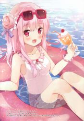 Rule 34 | 1girl, :d, absurdres, afloat, armpits, bare arms, bare shoulders, bendy straw, blush, bracelet, breasts, casual one-piece swimsuit, collarbone, cup, day, drinking glass, drinking straw, eyewear on head, food, frilled swimsuit, frills, hair bun, heart, highres, holding, holding cup, hoshi (snacherubi), ice cream, ice cream float, innertube, jewelry, long hair, medium breasts, one-piece swimsuit, open mouth, original, outdoors, pink hair, red-framed eyewear, red eyes, red innertube, side bun, single hair bun, single side bun, smile, solo, sunglasses, swim ring, swimsuit, transparent, very long hair, water, white one-piece swimsuit
