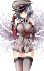 Rule 34 | 1girl, bismarck (kancolle), bismarck (kancolle) (cosplay), black hair, breasts, brown gloves, chain, cosplay, detached sleeves, gloves, grey thighhighs, hat, kantai collection, large breasts, military, military uniform, nogi takayoshi, peaked cap, personification, red eyes, short hair, solo, thighhighs, uniform, yamashiro (kancolle), zettai ryouiki
