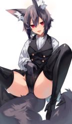 Rule 34 | 1girl, animal ears, black footwear, black gloves, black hair, black vest, boots, fang, gloves, hair between eyes, highres, long sleeves, nail polish, open mouth, original, red eyes, red nails, sasa onigiri, shirt, simple background, skin fang, solo, spread legs, tail, thigh boots, thighs, tongue, vest, white background, white shirt, wolf ears, wolf girl, wolf tail