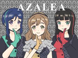 Rule 34 | 3girls, alternate hairstyle, aqua hair, artist name, artist request, azalea (love live!), black bow, black choker, black dress, black hair, black hairband, blue hair, blunt bangs, blush, bow, breasts, brown eyes, brown hair, buttons, choker, cleavage, collarbone, curly hair, dress, earrings, female focus, finger to mouth, frilled dress, frilled sleeves, frills, gloves, green dress, green eyes, green gloves, grey background, grey bow, hair between eyes, hairband, highres, himitsu no story (love live!), in the dark (love live!), jewelry, kunikida hanamaru, kurosawa dia, light brown hair, long hair, long sleeves, looking at viewer, love live!, love live! school idol festival, love live! sunshine!!, low-tied long hair, matsuura kanan, mole, mole under mouth, multicolored hair, multiple girls, parted lips, plaid, plaid dress, pleated, pleated dress, ponytail, purple eyes, red dress, red hair, short sleeves, shorts under dress, small breasts, smile, the secret story (love live!), triangle print, two-tone dress, upper body, yellow dress, yellow eyes, yellow gloves, yellow hairband