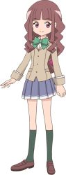 Rule 34 | 1girl, brown eyes, brown hair, digimon, digimon ghost game, long hair, looking at viewer, official art, school uniform, simple background, skirt, smile, solo, split mouth, standing, tsukiyono ruli