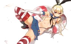 Rule 34 | 10s, 1girl, blonde hair, blue eyes, blue skirt, breasts, elbow gloves, gloves, hairband, kantai collection, long hair, navel, nipples, shimakaze (kancolle), simple background, skirt, small breasts, solo, striped clothes, striped thighhighs, thighhighs, white gloves, yd (orange maru)