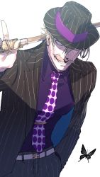 Rule 34 | 1boy, belt, black butterfly, black hat, black pants, blue eyes, bug, butterfly, cane, facial hair, fate/grand order, fate (series), hair between eyes, hand in pocket, hat, highres, holding, holding cane, insect, james moriarty (archer) (fate), looking at viewer, male focus, mustache, necktie, old, old man, pants, pinstripe pants, pinstripe pattern, purple necktie, purple shirt, shirt, simple background, solo, standing, striped clothes, striped pants, striped shirt, suzuki rui, vertical-striped clothes, vertical-striped pants, vertical-striped shirt, white background