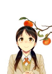 Rule 34 | 1girl, blazer, blush, branch, brown eyes, brown hair, food, food on head, fruit, fruit on head, jacket, leaf, low twintails, object on head, original, own hands together, persimmon, sasamori tomoe, school uniform, smile, solo, twintails