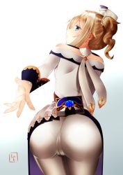 Rule 34 | 1girl, artist request, ass, barbara (genshin impact), bare shoulders, blonde hair, blue eyes, blush, breasts, cameltoe, come hither, dress, drill hair, from behind, genshin impact, hair ornament, hat, highres, huge ass, hydro (genshin impact), long hair, looking at viewer, looking back, medium breasts, open mouth, outstretched arm, panties, panties under pantyhose, pantyhose, shiny clothes, skirt, smile, solo, twin drills, twintails, underwear, vision (genshin impact), white pantyhose
