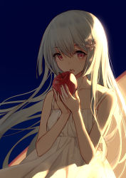 Rule 34 | 1girl, :o, apple, backlighting, bare arms, bare shoulders, bison cangshu, black background, collarbone, diffraction spikes, dress, floating hair, flower, food, fruit, grey hair, hair between eyes, hair flower, hair ornament, hands up, highres, holding, holding food, holding fruit, lens flare, light particles, long hair, looking at viewer, open mouth, original, pink flower, red apple, red eyes, sidelocks, sleeveless, sleeveless dress, solo, teeth, upper body, very long hair, white dress