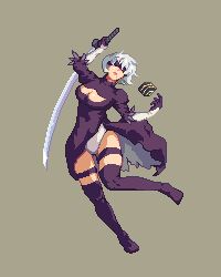 Rule 34 | 1girl, 2b (nier:automata), absurdres, artist request, black blindfold, black headband, black thighhighs, blindfold, clothes lift, clothing cutout, curvy, dress, dress lift, feather-trimmed sleeves, from behind, grey background, headband, highres, holding, holding sword, holding weapon, juliet sleeves, jumping, katana, leotard, leotard under clothes, lips, long sleeves, mole, nier:automata, nier (series), pixel art, puffy sleeves, shiny skin, short hair, simple background, solo, sword, thighhighs, weapon, white hair, white leotard, wide hips