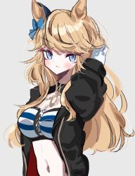 Rule 34 | 1girl, animal ears, bandeau, black choker, black jacket, blonde hair, blue bow, blue eyes, blush, bow, breasts, choker, cleavage, commentary, donki (dodododonkidon), gloves, gold city (umamusume), grey background, hair bow, highres, horse ears, jacket, large breasts, long hair, long sleeves, looking at viewer, midriff, navel, open clothes, open jacket, parted lips, simple background, solo, stomach, strapless, striped bandeau, tube top, umamusume, upper body, white gloves