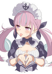 Rule 34 | 1girl, ahoge, anchor symbol, blue dress, blue hair, blue nails, blue ribbon, blunt bangs, blush, brat (brabrabrat00), commentary request, dress, hair ribbon, heart, heart-shaped pupils, highres, hololive, long hair, maid, maid headdress, minato aqua, minato aqua (1st costume), multicolored hair, pink eyes, pink hair, ribbon, short sleeves, simple background, solo, streaked hair, sweatdrop, symbol-shaped pupils, tongue, tongue out, twintails, two-tone hair, upper body, virtual youtuber, white background, wrist cuffs