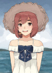 Rule 34 | blue sky, brown eyes, brown hair, cloud, commentary request, day, dress, hat, highres, kantai collection, looking at viewer, nakano kiho, ocean, official alternate costume, outdoors, short hair, sky, solo, speaking tube headset, straw hat, sundress, upper body, white dress, yukikaze (kancolle)