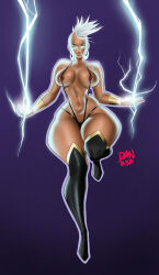 Rule 34 | 1girl, absurdres, alternate hairstyle, artist request, bare shoulders, black leotard, boots, breasts, dark-skinned female, dark skin, electricity, female pubic hair, floating, glowing, glowing eyes, high heel boots, high heels, highleg, highleg swimsuit, highres, large breasts, leotard, lips, looking at viewer, marvel, medium hair, navel, no pupils, outstretched arms, pubic hair, pubic hair peek, revealing clothes, shiny skin, slingshot swimsuit, solo, spread arms, storm (x-men), swimsuit, thigh boots, thighhighs, x-men
