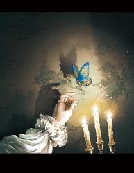Rule 34 | 1girl, bug, butterfly, candle, candlelight, candlestand, commentary, different shadow, english commentary, fairy, frilled sleeves, frills, hand focus, highres, insect, kobone awaki, letterboxed, light, light particles, long sleeves, original, out of frame, shadow, wall