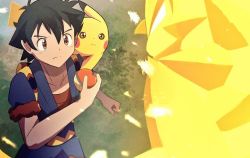 Rule 34 | 1boy, alternate costume, ash ketchum, black hair, brown eyes, clenched hand, collarbone, cowboy shot, creatures (company), eye contact, game freak, gen 1 pokemon, holding, holding poke ball, kleavor, looking at another, nintendo, no headwear, on shoulder, outdoors, pikachu, poke ball, poke ball (legends), pokemon, pokemon (anime), pokemon (creature), pokemon journeys, pokemon legends: arceus, pokemon on shoulder, short hair, short sleeves, spiked hair
