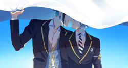 Rule 34 | 13 (bbr584607091), 2boys, arm ribbon, arms at sides, azul ashengrotto, black hair, black jacket, blanket, blue hair, blue sky, brooch, collared shirt, couple, covered eyes, earrings, face-to-face, floyd leech, glowing, glowing earrings, hand up, holding, holding blanket, imminent kiss, jacket, jewelry, long sleeves, male focus, mole, mole under mouth, multicolored hair, multiple boys, necktie, night raven college uniform, parted lips, profile, purple hair, ribbon, shared blanket, sharp teeth, shirt, short hair, sky, smile, streaked hair, striped necktie, teeth, twisted wonderland, upper body, white shirt, yaoi