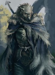 Rule 34 | 1boy, animal head, armor, blaidd the half-wolf, breastplate, cloak, closed mouth, cowboy shot, elden ring, eyrri, fur cloak, furry, furry male, highres, male focus, one eye closed, outdoors, purple eyes, solo, standing, sword, weapon, weapon on back