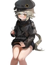 Rule 34 | 1girl, bad id, bad pixiv id, bandaid, bandaid on face, bandaid on nose, black jacket, blush, brown eyes, closed mouth, commentary request, dokomon, flat cap, fur-trimmed jacket, fur trim, girls&#039; frontline, grey hair, grey hat, hair between eyes, hat, highres, holding, hs2000 (girls&#039; frontline), jacket, korean commentary, lap pillow invitation, layered sleeves, long hair, long sleeves, looking at viewer, mimikaki, short over long sleeves, short sleeves, simple background, smile, solo, very long hair, white background
