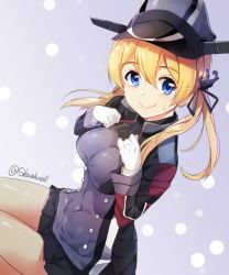 Rule 34 | 10s, 1girl, bad id, bad pixiv id, blonde hair, blue eyes, breasts, female focus, gloves, hat, kantai collection, large breasts, long hair, peaked cap, prinz eugen (kancolle), shovelwall, shovelwell, sitting, smile, solo, sweat, twintails, twitter username