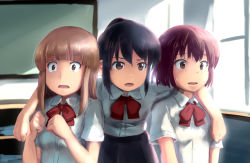 Rule 34 | 10s, 3girls, absurdres, arm around shoulder, black hair, body switch, brown eyes, brown hair, classroom, commentary request, girl sandwich, highres, kimi no na wa., miyamizu mitsuha, multiple girls, open mouth, personality switch, ponytail, sandwiched, scared, school, school uniform, sidelocks, sweatdrop, tearing up, tears, tsubasa (abchipika)