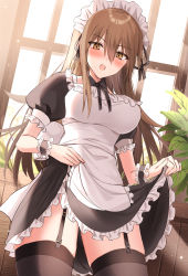 Rule 34 | 1girl, apron, black dress, black thighhighs, blush, breasts, dress, garter straps, highres, kinona, large breasts, long hair, looking at viewer, maid, maid headdress, open mouth, original, puffy short sleeves, puffy sleeves, short sleeves, solo, thighhighs, thighs, white apron