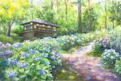 Rule 34 | blue flower, building, bush, day, flower, forest, grass, highres, house, nature, no humans, ooy33151086, original, painting (medium), path, pink flower, plant, purple flower, road, scenery, sunlight, traditional media, tree, tree shade, watercolor (medium), window, wooden wall