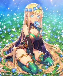 Rule 34 | 10s, 1girl, arm support, bare shoulders, blonde hair, blue eyes, boots, breasts, bug, butterfly, cape, cleavage, cleavage cutout, clothing cutout, cygames, dagger, earrings, elbow gloves, elf, fingerless gloves, fingernails, fit (shingeki no bahamut), fita the elf, flower, gloves, grass, green thighhighs, hair ornament, hairband, hairclip, head wreath, highleg, highleg leotard, insect, jewelry, kanjy00u, knife, large breasts, leotard, long fingernails, long hair, looking at viewer, lots of jewelry, petals, pointy ears, shingeki no bahamut, shiny skin, sitting, solo, thigh boots, thighhighs, thighlet, very long hair, wariza, watermark, weapon, wreath