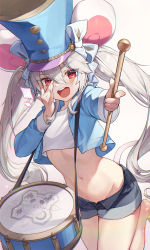 Rule 34 | 1girl, :d, absurdres, animal ears, black shorts, blue hat, blue jacket, commission, cowboy shot, crop top, cropped jacket, denim, denim shorts, drum, drumsticks, dungeon and fighter, duplicate, grey hair, groin, hat, highres, holding, instrument, jacket, kokko (kokko3045), leg up, lifeff, long hair, long sleeves, looking at viewer, micro shorts, midriff, mouse ears, mouse girl, mouse tail, navel, open clothes, open fly, open jacket, open mouth, outstretched arm, pointing, pointing at viewer, red eyes, revealing clothes, second-party source, shirt, short shorts, shorts, simple background, smile, solo, stomach, tail, thighs, twintails, v over eye, very long hair, white background, white shirt