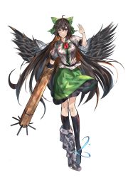 Rule 34 | 1girl, ;), absurdres, arm cannon, asymmetrical legwear, bird wings, black hair, black thighhighs, black wings, bow, cape, closed mouth, collared shirt, full body, green bow, hair bow, hand up, highres, long hair, looking at viewer, mismatched legwear, one eye closed, po (anhk5528), red eyes, reiuji utsuho, shirt, short sleeves, simple background, smile, solo, thighhighs, third eye, touhou, weapon, white background, white cape, white shirt, wings