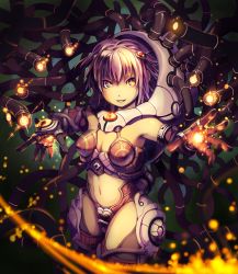 Rule 34 | 1girl, :d, commentary request, elbow gloves, gloves, glowing, hair ornament, highres, limlim (limlimfa), looking at viewer, mecha musume, mechanical tentacles, navel, open mouth, original, purple hair, short hair, smile, solo, yellow eyes