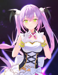 Rule 34 | 1girl, :3, absurdres, bad id, bad pixiv id, belt, blush, bodice, bow skirt, closed mouth, corset, cowboy shot, frilled straps, frills, gloves, green eyes, hair ornament, head wings, heart, heart hands, highres, hololive, hololive idol uniform, idol, idol clothes, jiang ye kiri, long hair, looking at viewer, multicolored hair, official alternate costume, pink hair, pom pom (clothes), pom pom hair ornament, purple hair, skirt, skirt set, sleeveless, smile, solo, streaked hair, tokoyami towa, twintails, virtual youtuber, white gloves, white skirt, wings, wrist cuffs