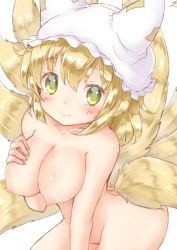 Rule 34 | 1girl, animal ears, bent over, blonde hair, blush, breast hold, breasts, fox ears, fox tail, green eyes, hat, looking at viewer, mob cap, multiple tails, nipples, nude, onomiya, short hair, simple background, smile, solo, tail, touhou, white background, yakumo ran