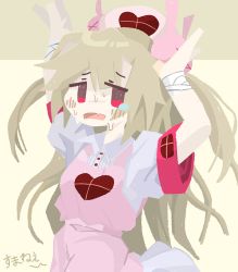 Rule 34 | apron, arms up, bandaged wrist, bandages, beige background, big hair, blush, breasts, buttons, collared shirt, commentary request, cowboy shot, d:, dress, dripping, eyes visible through hair, fang, frilled dress, frills, furrowed brow, hat, heart, highres, layered clothes, legs together, light brown hair, long hair, looking at viewer, messy hair, naaga sonomono, natori sana, no sclera, nurse, nurse cap, open mouth, pink apron, pink dress, pink hat, puffy short sleeves, puffy sleeves, rabbit pose, red eyes, sana channel, shirt, short sleeves, sidelocks, simple background, skin fang, sleeve cuffs, solo, sweat, tearing up, two-tone background, very long hair, virtual youtuber, white shirt, wide sleeves