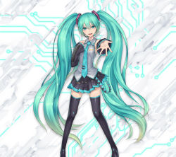 Rule 34 | 1girl, aqua eyes, aqua hair, boots, detached sleeves, female focus, foreshortening, gradient hair, hair ornament, hatsune miku, headset, highres, long hair, looking at viewer, multicolored hair, necktie, nidy, official art, open mouth, pleated skirt, skirt, solo, standing, straight hair, thigh boots, thighhighs, twintails, very long hair, vocaloid, zettai ryouiki