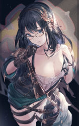 Rule 34 | 1girl, bad id, bad pixiv id, bare shoulders, black-framed eyewear, black hair, black jacket, blue eyes, blush, breasts, cleavage, collarbone, commentary request, ear piercing, glasses, gloves, graffiti, granblue fantasy, green skirt, hair between eyes, hair ornament, highres, illnott (granblue fantasy), jacket, jewelry, long hair, medium breasts, milli little, necklace, off shoulder, parted lips, piercing, shirt, single glove, skirt, solo, white shirt