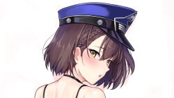 Rule 34 | 1girl, armpits, azur lane, baltimore (azur lane), baltimore (finish line flagbearer) (azur lane), blush, braid, brown hair, halcon, hat, looking at viewer, navel, on bed, open mouth, race queen, short hair, single braid, solo, thighs, upper body