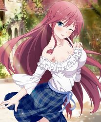 Rule 34 | 1girl, asami lilith, bare shoulders, blue eyes, braid, breasts, cleavage, highres, large breasts, long hair, looking at viewer, one eye closed, red hair, skirt, smile, tongue, tongue out, trinity seven, wink
