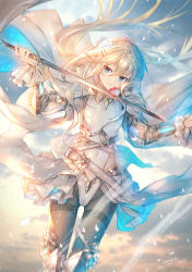 Rule 34 | 1girl, armor, armored boots, belt, black pantyhose, blonde hair, blue eyes, boots, braid, cape, covered navel, french braid, gauntlets, gradient background, hair ornament, hairclip, heiwari kanade, highres, holding, holding sword, holding weapon, long hair, looking at viewer, md5 mismatch, million arthur (series), pantyhose, petals, smile, solo, sword, thighband pantyhose, weapon