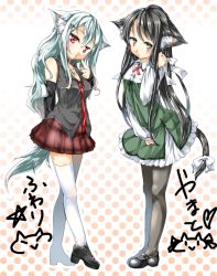 Rule 34 | 10s, 2011, 2girls, 6feather, animal ears, black hair, black legwear, blush, bow, cat ears, cat tail, character name, detached sleeves, dress, funeri, green dress, hair bow, hair ornament, hair ribbon, hairpin, jewelry, long hair, looking at viewer, multiple girls, necklace, necktie, original, pantyhose, pleated skirt, red eyes, ribbon, ring, shoes, silver hair, simple background, skirt, standing, straight hair, tail, tail ornament, tail ribbon, thighhighs, translation request, very long hair, white legwear, yamato (6feather), yellow eyes, zettai ryouiki