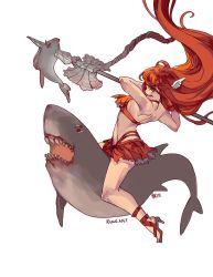 Rule 34 | 1girl, angry, bare shoulders, bikini, cordelia (fire emblem), feet, fire emblem, fire emblem awakening, fire emblem heroes, fish, full body, hair ornament, high heels, highres, lance, long hair, looking away, nintendo, parasol, polearm, red bikini, red eyes, red hair, sandals, shark, shell, simple background, solo, summer, swimsuit, thighs, umbrella, very long hair, weapon, white background, winged hair ornament
