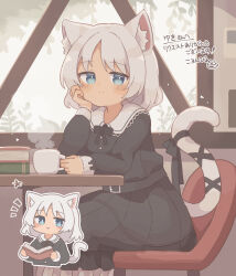 Rule 34 | 1girl, absurdres, animal ears, black dress, black ribbon, blue eyes, blush, book, cat ears, cat girl, cat tail, chair, chibi, closed mouth, colon br, cup, dress, grey hair, head rest, highres, holding, holding cup, long sleeves, looking at viewer, mug, multiple views, neck ribbon, original, ribbon, sitting, smile, table, tail, tail ornament, white hair, window