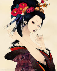 Rule 34 | 1girl, \m/, artist name, bad id, bad pixiv id, beige background, black eyes, black hair, black lips, black nails, breasts, camellia, cleavage, comb, eyelashes, eyeshadow, fingernails, flower, geisha, hair flower, hair ornament, hair stick, hand gesture, hand up, head tilt, japanese clothes, large breasts, lips, lipstick, long neck, looking at viewer, makeup, md5 mismatch, nail polish, off shoulder, oiran, original, simple background, solo, takenaka, unmoving pattern, upper body, watermark, web address