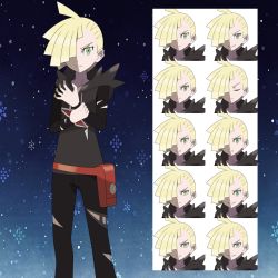 Rule 34 | 1boy, ahoge, asatsuki (fgfff), bag, black pants, blonde hair, closed mouth, collarbone, commentary request, creatures (company), ear piercing, expression chart, fanny pack, frown, game freak, gladion (pokemon), green eyes, hair over one eye, hand on own wrist, highres, hood, hood down, hoodie, long sleeves, looking at viewer, male focus, multiple views, nintendo, orange bag, pants, piercing, pokemon, pokemon sm, snowflakes, standing, torn clothes, torn hoodie, torn pants