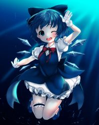 Rule 34 | 1girl, ;d, absurdres, arm up, back bow, bloomers, blue background, blue bow, blue dress, blue eyes, blue footwear, blue hair, blue ribbon, blue theme, blush, bow, bowtie, breasts, bridal garter, bubble, buttons, cirno, collaboration, collared shirt, dress, earrings, eyebrows, frilled gloves, frilled skirt, frilled sleeves, frills, full body, gloves, gradient background, hair bow, hair ribbon, high heels, highres, ice, ice wings, jewelry, jpeg artifacts, knees together feet apart, kuroteru (just-shiny), light rays, looking at viewer, one eye closed, open mouth, outstretched arm, paragasu (parags112), puffy short sleeves, puffy sleeves, red bow, red bowtie, red ribbon, ribbon, salute, shirt, shoes, short hair, short sleeves, sidelocks, skirt, sleeveless, sleeveless dress, small breasts, smile, solo, sparkle, stud earrings, teeth, thigh gap, touhou, underwater, underwear, white gloves, white shirt, wings, wink