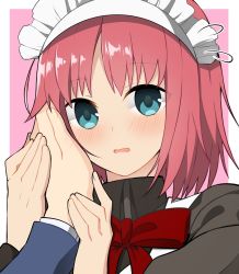 Rule 34 | 1boy, 1girl, blue eyes, border, bow, bowtie, hand on another&#039;s face, highres, hirakawa, hisui (tsukihime), long sleeves, looking at viewer, maid, maid headdress, open mouth, pink background, pink hair, red bow, red bowtie, short hair, simple background, solo focus, tohno shiki, tsukihime, upper body, white border