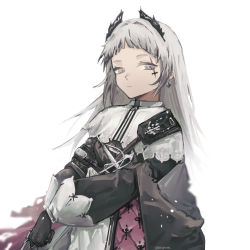 Rule 34 | 1girl, absurdres, arknights, bad id, bad pixiv id, black gloves, closed mouth, earrings, gloves, grey hair, head wings, high-waist skirt, highres, irene (arknights), jewelry, layered skirt, long hair, long sleeves, nats (d0ughnats), puffy long sleeves, puffy sleeves, purple skirt, scar, scar across eye, scar on face, sheath, sheathed, shoulder strap, simple background, skirt, solo, sword, twitter username, upper body, weapon, white background, white skirt, wings