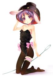 Rule 34 | 1girl, animal ears, armpits, bad id, bad twitter id, bare shoulders, bow, bowl, bridal garter, highres, kemonomimi mode, kneeling, kyachi, leotard, looking at viewer, needle, no shoes, object on head, open mouth, oversized clothes, pantyhose, pink eyes, playboy bunny, purple hair, rabbit ears, short hair, simple background, solo, sukuna shinmyoumaru, touhou, white background