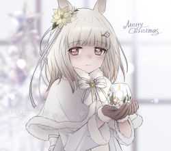 Rule 34 | 1girl, animal ears, artist name, blurry, blurry background, blush, bow, bowtie, brown gloves, brown hair, candle, capelet, closed mouth, dated, fire, flower, gloves, hair flower, hair ornament, hairclip, happy meek (umamusume), highres, holding, holding candle, horse ears, long sleeves, looking at viewer, medium hair, merry christmas, nose blush, ryusei (ryusei b), smile, snow, solo, striped bow, striped bowtie, striped clothes, twitter username, umamusume, upper body, white bow, white bowtie