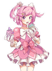 Rule 34 | 1girl, absurdres, bow, choker, cupcake, doki doki literature club, dress, earrings, eating, food, gloves, hairpin, highres, holding, holding food, jewelry, looking at viewer, medium hair, multiple hairpins, natsuki (doki doki literature club), oregaihanboshi, pink bow, pink choker, pink dress, pink eyes, pink hair, pink theme, short sleeves, short twintails, simple background, solo, standing, teeth, tongue, twintails, white background, white bow, white gloves